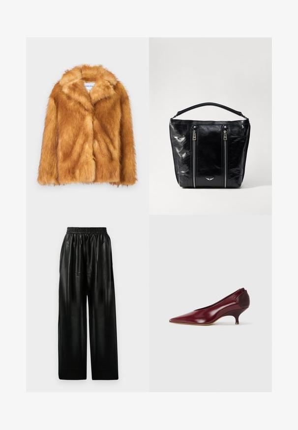 Cappotto corto in pelliccia sintetica marrone, con ampio colletto, apertura frontale e una superficie morbida e testurizzata, dal fit regolare e senza chiusure visibili.; Body nero con maniche lunghe, scollo a V e silhouette aderente. Realizzato in tessuto lucido e liscio con colletto e polsini strutturati.; Pantaloni ampi in pelle nera con vita elastica, dotati di due tasche laterali e una texture liscia e lucida.; Décolleté in pelle bordeaux con punta a contrasto e tacco basso e curvo. Texture liscia con un accentuato tacco scuro.; Borsa tote in pelle verniciata nera con doppi zip frontali, una forma strutturata e una maniglia corta. Presenta un piccolo logo argento nella parte inferiore.