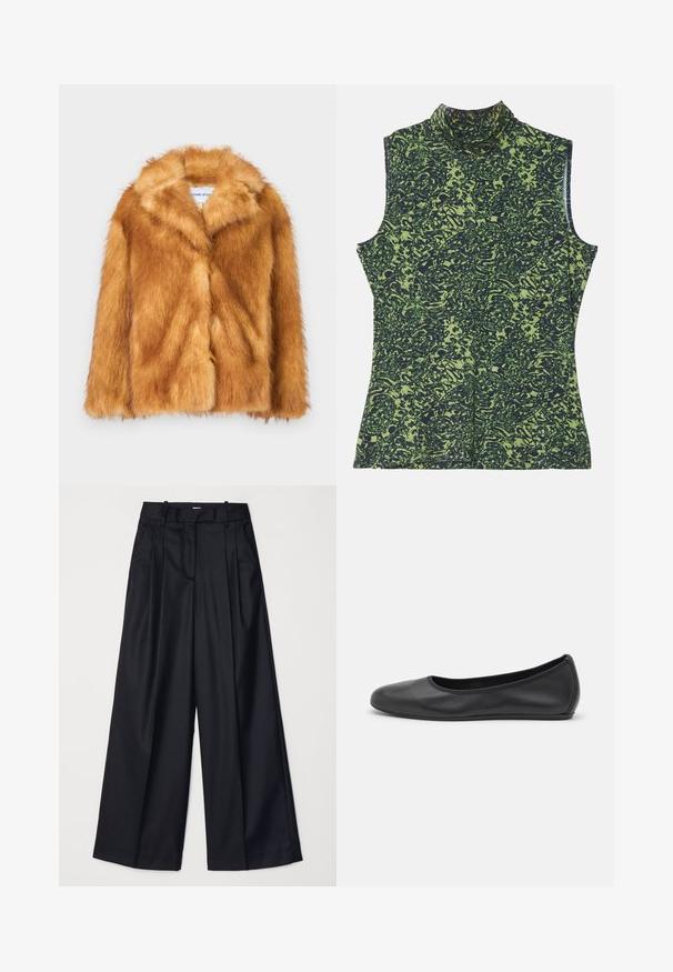 Kratka rjava plašč iz umetnega krzna, ki ima širok ovratnik, odprto spredaj ter mehak, teksturiran površinski material s siceršnjo prilegajočo se postavo in brez vidnih zapiranj.; Top brez rokavov z visokim ovratnikom v vzorcu zelene in temno modre barve, ki se ponaša z teksturiranim, organskim dizajnom. Mehka tkanina s sproščenim krojem.; Črne široke hlače iz gladkega blaga, z visokim pasom, naborki in prirejenim dizajnom. Preprosta črna strojna oprema na pasu.; Črne usnjene balerinke z zaobljenim nosom, gladko teksturo, minimalnimi šivi in fleksibilno zasnovo podplata.
