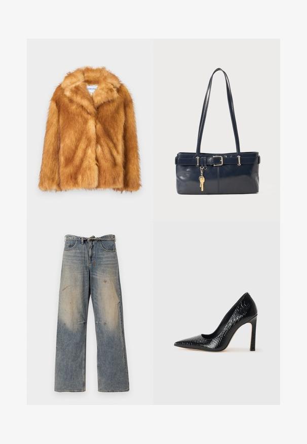 Palton scurt din blană sintetică maro, cu un guler larg, față deschisă și o suprafață moale și texturată, cu o croială normală și fără închideri vizibile.; Top fără mâneci cu guler înalt, în model verde și albastru închis, având un design texturat, organic. Material moale cu o croială lejeră.; Jeans din denim albastru deschis cu un design lejer și drept pe picioare. Prezintă efecte de uzură, decolorare și detalii uzate în jurul genunchilor. Stil clasic cu cinci buzunare.; Pantofii cu toc înalt, ascuțiți, de culoare neagră, cu textură de piele de crocodil, având un design elegant, toc în stil stiletto și interior neted de culoare neagră.; Geantă de piele bleumarin cu două mânere lungi, detaliu cu cataramă și un breloc atașat. Are o textură netedă și o formă rectangulară.