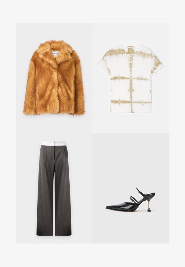 Krátký hnědý kožich z umělé kožešiny s širokým límcem, otevřeným předním dílem a měkkým, texturovaným povrchem s běžným střihem a bez viditelných zapínání.; Krémové bavlněné tričko s tie-dye vzorem v zemitých béžových odstínech. Krátké rukávy a kulatý výstřih, s volným střihem.; Svetle šedé kalhoty s širokými nohavicemi a vertikálními proužky. Pás je bílý a elastický, což vytváří kontrastní detail.; Černé kožené slingback boty s špičatou špičkou, se dvěma nastavitelnými pásky a kovovým podpatkem. Hladký povrch a minimalistický design.