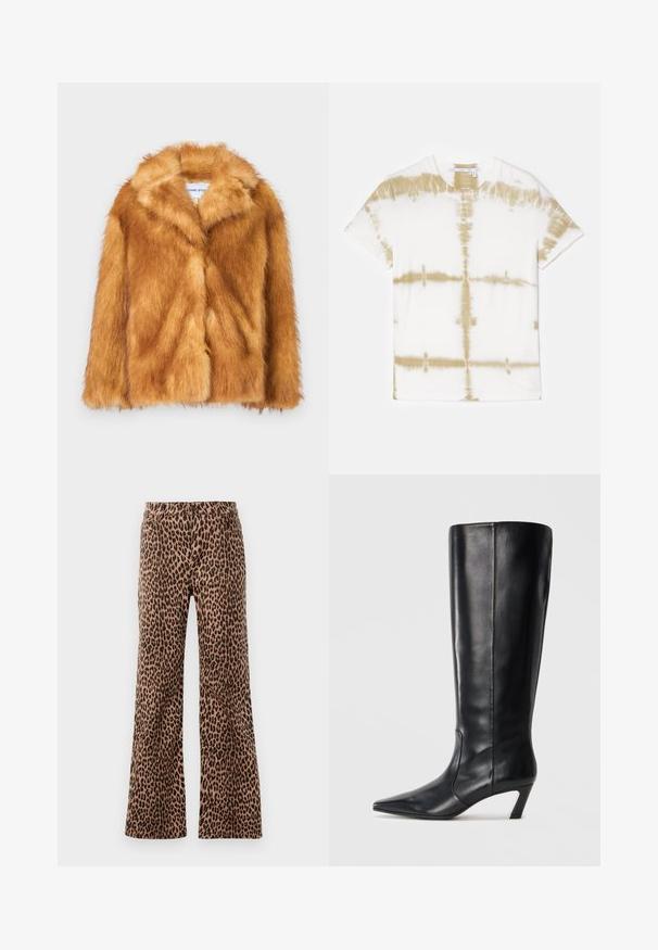 Short brown faux fur coat featuring a wide collar, open front, and a soft, textured surface with a regular fit and no visible fastenings.; Cream-colored cotton t-shirt with a tie-dye pattern in earthy beige. Short sleeves and a round neckline, featuring a relaxed fit.; Leopard print wide-leg pants in beige and black, featuring a smooth texture and tapered hem. Design with standard waistband and pockets.; Black leather knee-high boots with a pointed toe, slim heel, smooth texture, and minimal stitching detail.