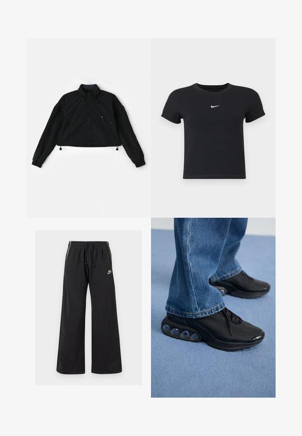 Zwarte cropped jas met hoge kraag, rits aan de voorkant en elastische manchetten. Voorzien van trekkoorden aan de onderkant en zijzakken met rits.; Zwarte katoenen t-shirt met korte mouwen en ronde hals. Voorzien van een wit Nike-logo op de borst, minimalistisch ontwerp en een aansluitende pasvorm.; Zwarte trainingsbroek van zacht materiaal, met een elastische tailleband met koord, zijstrepen en een klein logo aan de voorkant links.; Zwarte sportieve sneakers met een bovenwerk van mesh, gestructureerde accenten en zichtbare luchtkussentjes in de zool. Gedragen met blauwe denim jeans.