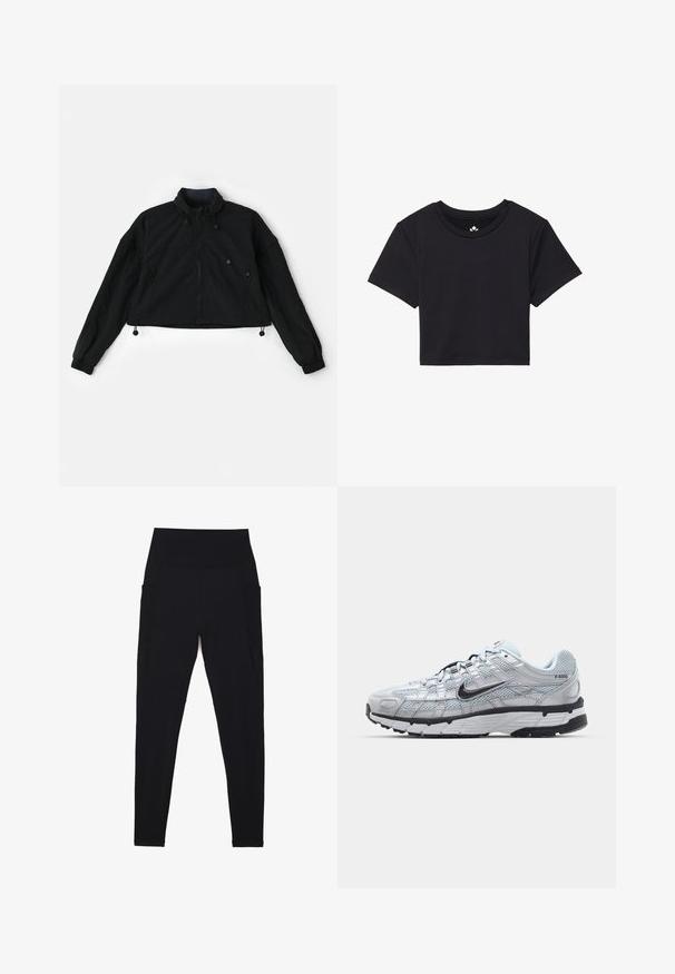 Must värviline lühike jakk kõrgema kraega, esitõmblusega ja elastsete mansettidega. Omab allääres reguleeritavaid paelu ja küljetaskuid, millel on tõmblukud.; Must must t-särk lühikeste varrukatega, ümmarguse kaelusega, valmistatud siledast kangast. Minimalistlik disain ilma nähtavate mustrite või aktsentideta.; Mustad mustad retuusid venivast kangast, millel on kõrge ribaga vöökoht. Omab küljetaskuid ja sujuvat disaini mugavuse tagamiseks.; Nike P-6000 tenniset heleda halli võrgust pealteega, mustade aktsentidega ja vastupidava musta kummist tallaga. Omab keerukat disaini ja paeltesüsteemi.