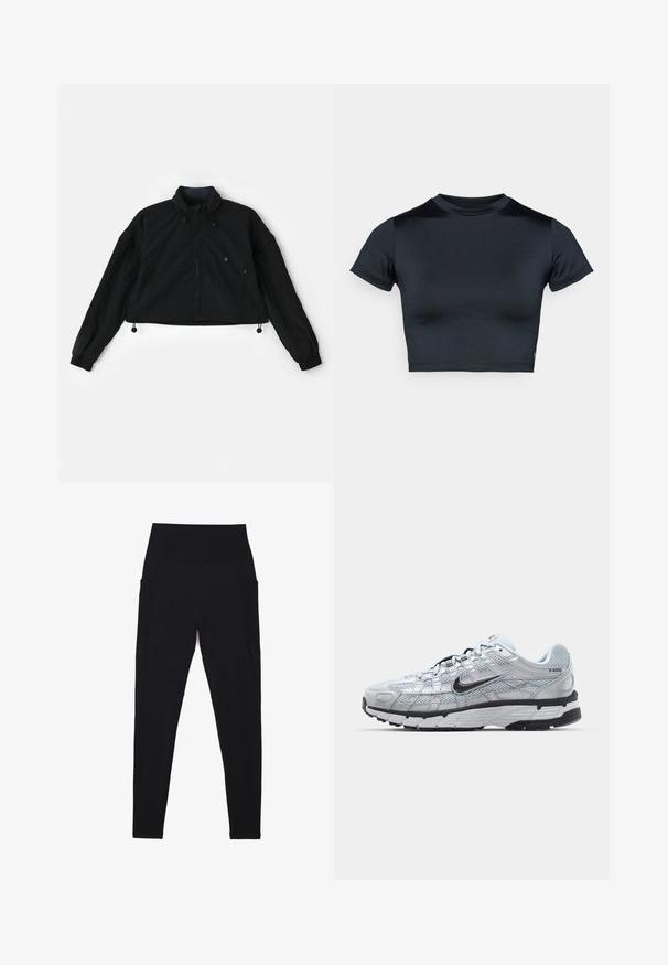 Zwarte cropped jas met hoge kraag, rits aan de voorkant en elastische manchetten. Voorzien van trekkoorden aan de onderkant en zijzakken met rits.; Kort mouw cropped top in donker marineblauw, gemaakt van glad, rekbaar stof. Voorzien van een ronde halslijn en minimale stikdetails. Geen zichtbare logo's.; Zwarte legging gemaakt van rekbare stof met een hoge, geribbelde tailleband. Heeft zijzakken en een naadloos ontwerp voor comfort.; Nike P-6000 sneakers met een lichtgrijze mesh bovenkant, zwarte accenten en een duurzame zwarte rubberen zool. Kenmerkt zich door een ingewikkeld ontwerp en vetersysteem.