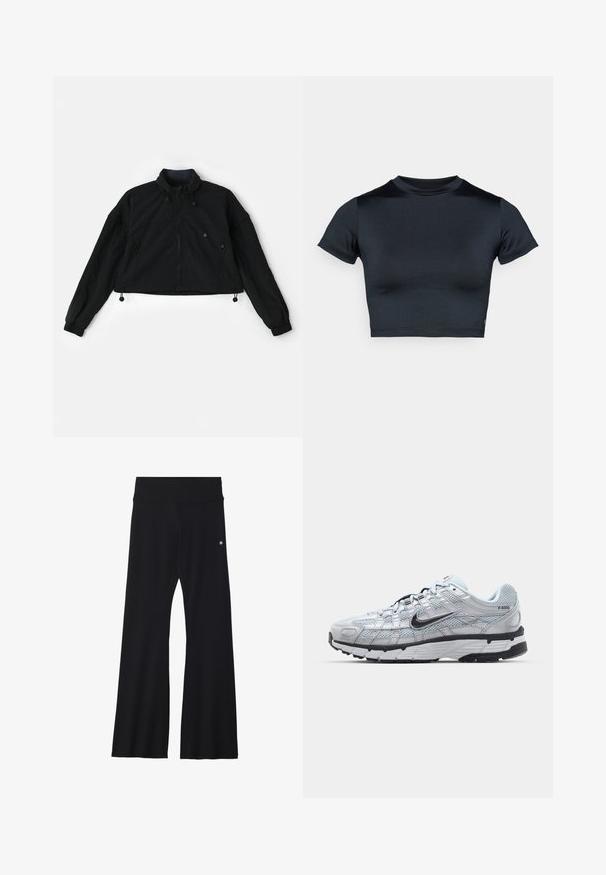 Sort cropped jakke med høj krave, lynlås foran og elastiske manchetter. Har snoretræk i kanten og sidelommer med lynlåslukninger.; Kortærmet cropped top i mørk navy, lavet af glat, stretchstof. Har rund halsudskæring og minimale syningsdetaljer. Ingen synlige logoer.; Sorte, vidde bukser lavet af stretchmateriale, med en bred taljebånd og en lille logo på hoften. Glat tekstur og fuld længde design.; Nike P-6000 sneakers med en lys grå mesh overdel, sorte accenter og en holdbar sort gummisål. Har et detaljeret design og snøresystem.