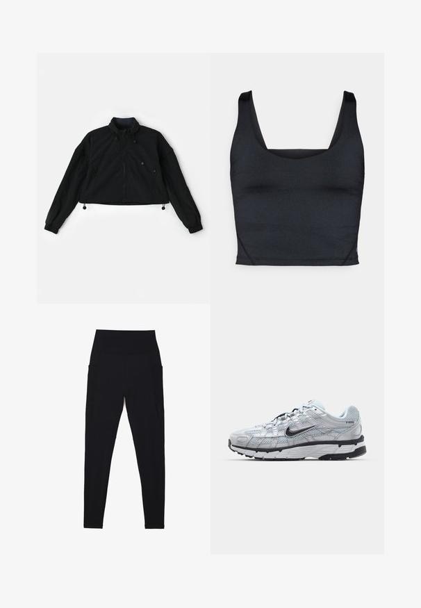 Schwarze, taillierte Jacke mit hohem Kragen, Reißverschluss vorne und elastischen Bündchen. Verfügt über Kordelzüge am Saum und seitliche Taschen mit Reißverschluss.; Schwarzes, kurz geschnittenes Tanktop aus glattem, dehnbarem Stoff, mit breiten Trägern und einem quadratischen Ausschnitt mit minimalen Nahtdetails.; Schwarze Leggings aus dehnbarem Stoff mit einem hohen, gerippten Bund. Verfügt über seitliche Taschen und ein nahtloses Design für zusätzlichen Komfort.; Nike P-6000 Sneakers mit einem Obermaterial aus leichtem grauem Mesh, schwarzen Akzenten und einer langlebigen schwarzen Gummisohle. Verfügt über ein komplexes Design und ein Schnürsystem.