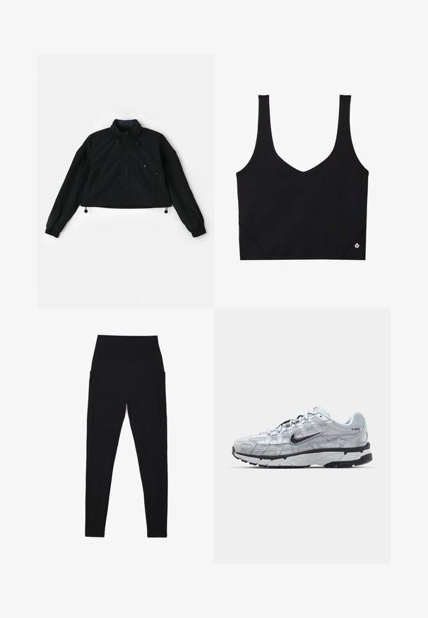 Must värviline lühike jakk kõrgema kraega, esitõmblusega ja elastsete mansettidega. Omab allääres reguleeritavaid paelu ja küljetaskuid, millel on tõmblukud.; Mustmust mustriba laia, V-kaeluse disainiga, tekstureeritud kanga ja logo detailiga hemil. Sile viimistlus, minimalistlik stiil.; Mustad mustad retuusid venivast kangast, millel on kõrge ribaga vöökoht. Omab küljetaskuid ja sujuvat disaini mugavuse tagamiseks.; Nike P-6000 tenniset heleda halli võrgust pealteega, mustade aktsentidega ja vastupidava musta kummist tallaga. Omab keerukat disaini ja paeltesüsteemi.