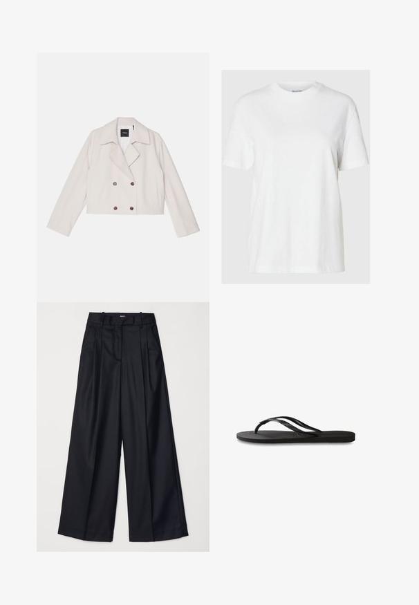 Theory CROP TRENCH - Vasaras jaka - pumice; Balts kokvilnas t-krekls ar īsām piedurknēm un apaļu kakla izgriezumu. Iezīmē relaksētu piegriezumu un minimālu dizainu bez rakstiem vai akcentiem.; Melnas platas kājas bikses no gludas auduma, ar augstu jostasvietu, krokām un pielāgotu dizainu. Vienkārša melna aparatūra jostasvietā.; Melni čības ar teksturētu gumijas zoli, divām plānām siksniņām un smalku, iespiedotu logotipa detaļu uz siksniņas.