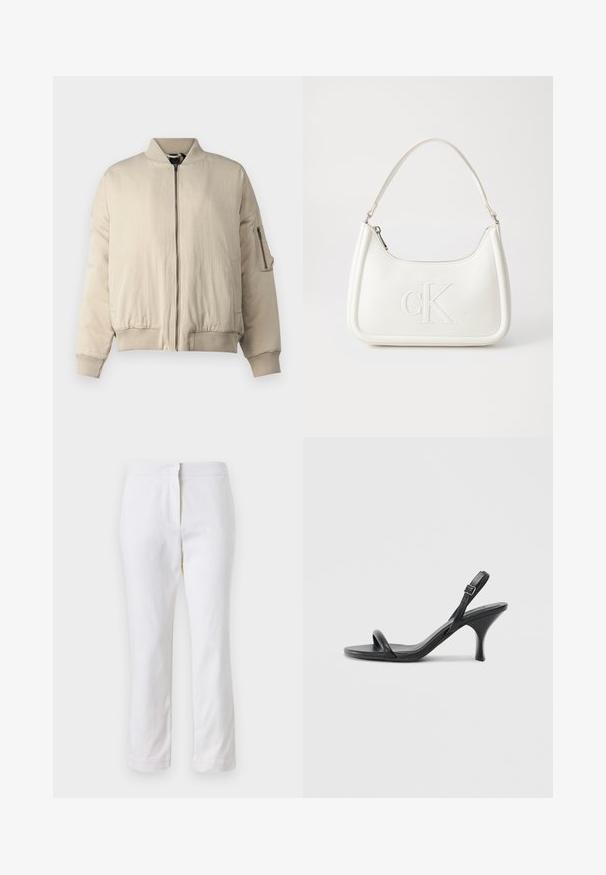 Beżowa kurtka bomberka z żebrowanym kołnierzem i mankietami, zapięciem na zamek z przodu, kieszeniami bocznymi oraz małą kieszonką na zamek na rękawie. Gładka faktura.; Biała bawełniana koszulka z krótkim rękawem, okrągłym dekoltem i luźnym krojem. Gładka tekstura, brak wzorów lub dodatków, minimalistyczny design.; Białe bawełniane spodnie o prostym kroju nogawki, z średnim stanem, bez widocznych elementów metalowych czy wzorów. Gładka tekstura na całej powierzchni.; Czarne skórzane sandały na wysokim obcasie z cienkim, zakrzywionym obcasem i skrzyżowanym wzorem pasków. Regulowany pasek na kostkę. Gładka faktura.; Biała skórzana torebka o zaokrąglonym kształcie, z wytłoczonym logo "CK" z przodu i pojedynczym paskiem na ramię. Zapięcie na zamek z góry.