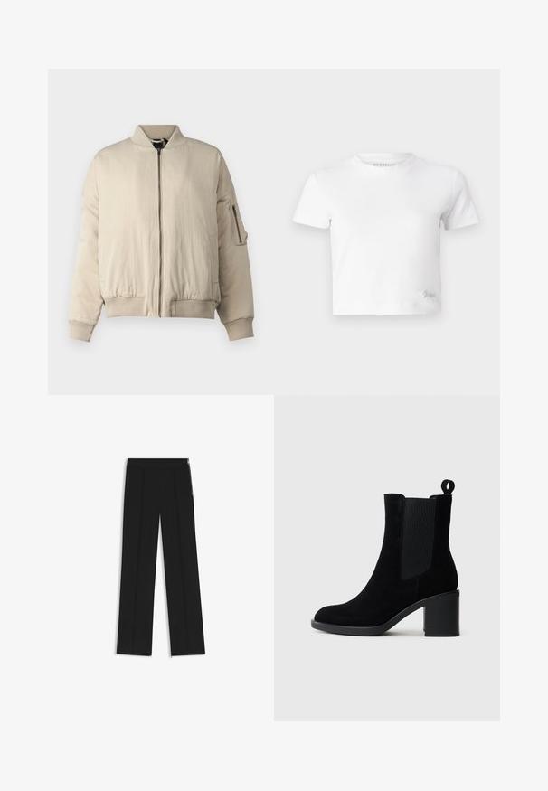 Beige bomberjack met ribbrei kraag en manchetten, ritssluiting aan de voorkant, zijzakken en een klein ritsvakje op de mouw. GLadde textuur.; Witte cropped t-shirt van zacht katoen, met een hoge hals en korte mouwen. Klein geborduurd logo in de onderhoek.; Zwarte wijde broek met twee voorplooien, elastische tailleband en zijritsen voor detail. Soepele textuur en minimalistisch ontwerp.; Zwarte suède enkellaarsjes met een chunky hak, elastische zijkanten en een trekhaak. Glad oppervlak en afgeronde tekening.