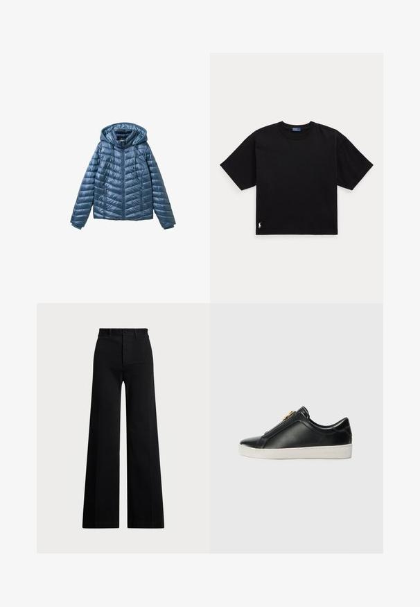Chaqueta azul acolchada con capucha, que cuenta con un cierre de cremallera, bolsillos laterales y un patrón acolchado con líneas horizontales y diagonales.; Camiseta de algodón negra con mangas cortas, cuello redondo y un pequeño logo blanco en la parte inferior izquierda. Ajuste clásico y cuadrado con mínimos detalles.; Pantalones de pierna ancha negros, fabricados en tejido entrelazado, con una cintura alta, cierre de botón en el frente y bolsillos laterales. Textura suave con líneas limpias.; Zapatos clásicos de piel negra sin cordones con una costura elevada, detalles en hardware plateado en la parte superior y una suela de goma blanca con una marca embosada.
