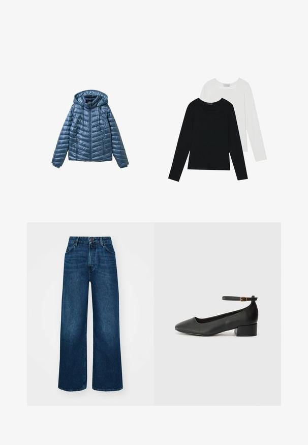 Podložena modra jakna s kapuco, ki ima zadrgo, stranske žepe in prešite vzore z horizontalnimi in diagonalnimi črtami.; Dva dolga rokava, en črn in en bel, oba z kvadratnim izrezom in narejena iz mehkega, raztegljivega materiala.; Hlače z visokim pasom in širokimi nogavicami iz temno modrega denima z gladko teksturo, kontrastnim šivanjem in zasnovo s petimi žepi. Sprednje zapiranje na gumb.; Črne usnjene pumpice z nazobčanimi prsti in nizko blokasto peto. Imajo trak okoli gležnja z zaponko v zlatem tonu. Gladka tekstura.