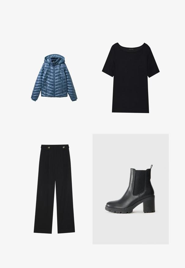 Plavi jakna s podstavom i kapuljačom, sa zatvaranjem na zip, bočnim džepovima i kviltanim uzorkom s horizontalnim i dijagonalnim linijama.; Crna majica s kratkim rukavima i širokim izrezom. Izrađena od mekog, laganog materijala. Jednostavan dizajn bez uzoraka ili detalja.; Crne hlače širokih nogavica s visokim strukom, s dugmadi na pojasu i prednjim nabora.; Crne kožne gležnjače s elastičnim bočnim panelima, masivnim gumenim potplatom i visokom blok petom. Imaju ručku na stražnjem dijelu.