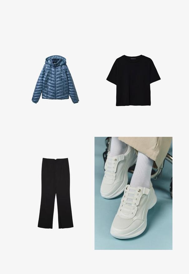 Izolowana niebieska kurtka z kapturem, z zamkiem błyskawicznym, bocznymi kieszeniami oraz pikowanym wzorem z poziomymi i ukośnymi liniami.; Czarna koszulka z krótkim rękawem wykonana z bawełny. Posiada okrągły dekolt i luźny krój z gładką, jednolitą teksturą. Brak widocznych wzorów lub akcentów.; Czarne spodnie o prostym kroju, z przednimi kieszeniami i bocznymi rozcięciami na dole. Wykonane z miękkiego, gładkiego materiału. Odpowiednie na różne okazje.; Białe sneakersy z siateczkowego materiału, gumową podeszwą, bezsznurowym designem z elastycznymi paskami oraz złotymi akcentami.