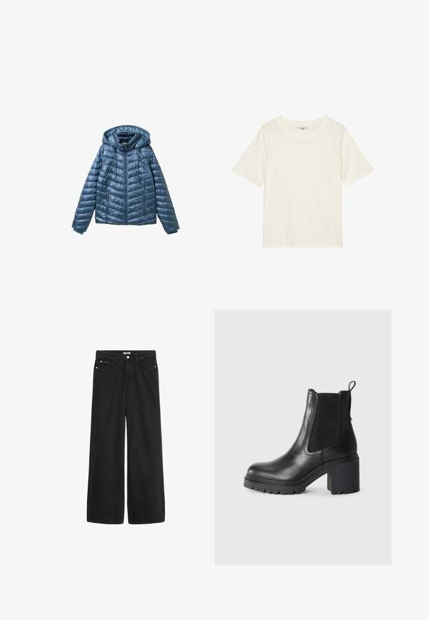 Polstret blå jakke med hætte, der har lynlåslukning, sidelommer og et quiltet mønster med vandrette og skrå linjer.; Off-white kortærmet T-shirt lavet af blødt, tekstureret stof med en rund halsudskæring og en afslappet pasform. Ingen logoer eller yderligere detaljer til stede.; Bredde ben sorte denim jeans med høj talje. Har fem lommer, metalhardware og en ren finish. Teksturen er glat og blød.; Sorte læder ankelstøvler med en kraftig hæl, elastiske sidedele og en trækhank bagpå. Struktureret sål for ekstra greb.