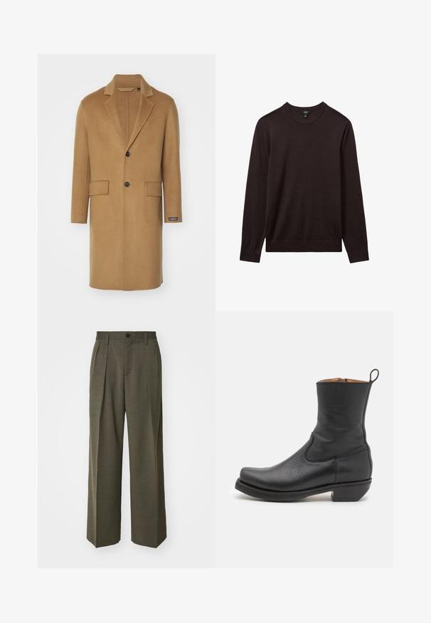 Lange camelkleurige wollen jas met een geknipte kraag, twee voorzakken en een enkele zwarte knoopsluiting. Heeft een zijlabel.; Reiss Trui - dark bordeaux; Filippa K WIDE TROUSERS - Broek - driftwood; Zwarte leren enkelboot met een gladde textuur, slank profiel, zijkanten met stiksels en een lage vierkante hak. Voorzien van een trekband aan de achterkant.