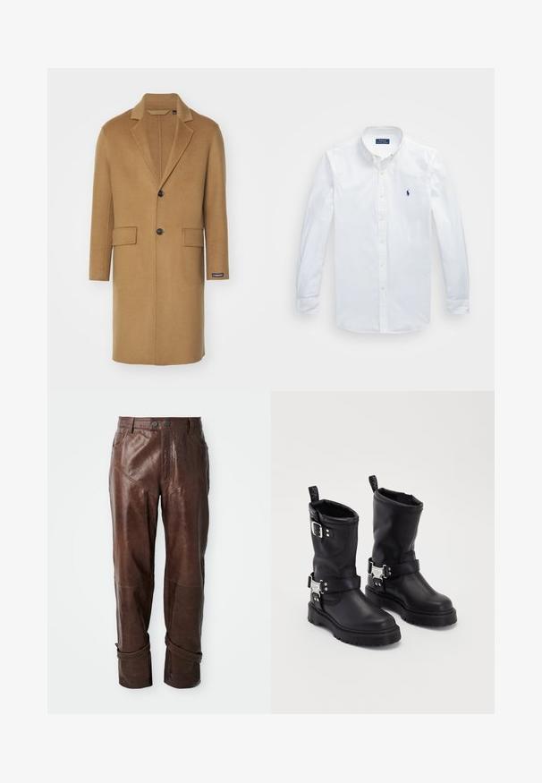 Dolga plašč iz kamelje volne s klasičnim ovratnikom, dvema sprednjima žepoma in enim črnim gumbom za zapiranje. Ima stransko oznako.; Bela dolg rokav srajca z gumbi, izdelana iz bombaža, z klasičnim ovratnikom in majhnim modrim logotipom na levem prsnem delu.; Rjave usnjene hlače z gladko teksturo, z diagonalnimi šivi, dvema sprednjima žepoma in gumbnimi manšeti na gležnjih.; Črne usnjene gležnjače z robustnim podplatom, opremljene s stransko zaponko in dekorativno strojno opremo. Gladka tekstura s trakom za pomoč pri obuvanju.