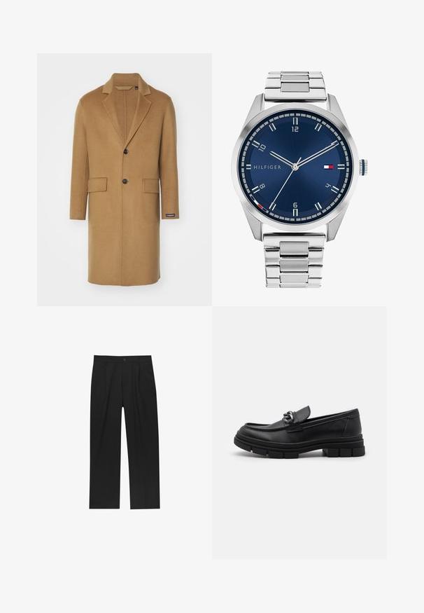 Lang kamelfarvet uldfrakke med spids krave, to forlommer og en enkelt sort knaplukning. Har en sideetiket.; Sæt af otte sorte bomulds t-shirts med korte ærmer og rund hals, der har et enkelt design og en blød tekstur.; Sorte bukser med lige ben, lavet af et glat stof. Har frontfolder og en enkelt knaplukning i taljen.; Sort læderloafer med rund tå, en dekorativ rem og hardware, samt en chunky tekstureret sål. Glat finish med subtile detaljer.; Sølvmetal ur med en børstet blå urskive, hvide timemarkører og en datovisning. Har et sammenkædet metalarmbånd og brandlogo.