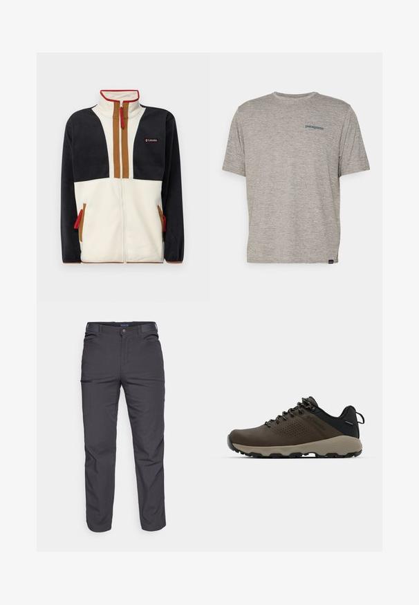 Polarowa kurtka z wysokim kołnierzem, zamek błyskawiczny oraz design w kolorowe bloki z niebieskimi, kremowymi i brązowymi sekcjami. Czerwone akcenty na zamku.; Szara koszulka z krótkim rękawem, uszyta z miękkiego, teksturowanego materiału, z małym niebieskim logo Patagonia na lewej piersi. Bez dodatkowych wzorów.; Ciemnoszare spodnie wykonane z trwałej tkaniny, z zamkniętą kieszenią, prostym krojem i szlufkami na pasek, umożliwiającymi regulację dopasowania.; Brązowe wodoodporne trampki z teksturowaną cholewką, perforowanymi akcentami, czarnym wsparciem pięty i szarym gumowym podeszwy. Sznurówki ozdobione metalowymi końcówkami.
