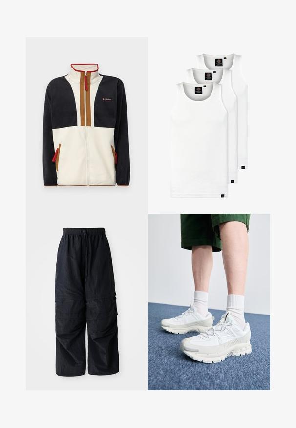 Casaco de fleece com gola alta, fecho de correr e design de blocos de cor com secções em azul marinho, creme e castanho. Acentos em vermelho no fecho.; Três tops em algodão de alças brancas com nervuras. Apresentam um decote redondo e pequenas etiquetas pretas perto da bainha. Disponíveis em vários tamanhos.; Calças de cargo leves em nylon preto, com cintura elástica, cordão ajustável e múltiplos bolsos em camadas nas pernas.; Sapatos atléticos brancos com sobreposições texturizadas, sola espessa e detalhes em cinza. Usados com meias brancas até ao tornozelo e calções verdes sobre uma superfície azul.