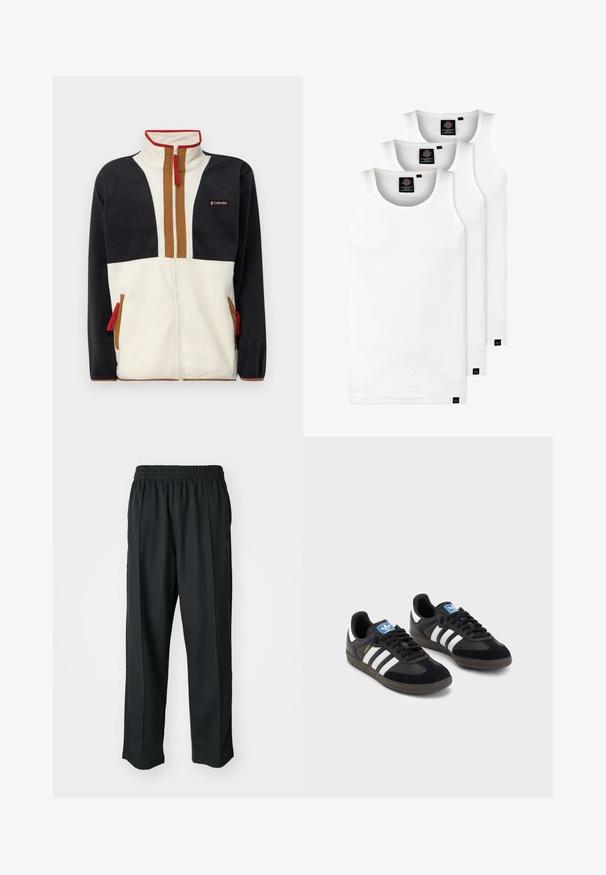 Fleecasta jakna s visokim ovratnikom, zatvaranjem na patentni zatvarač i dizajnom u blokovima boja s plavim, krem i smešnim sekcijama. Crvene akcentne rajsferšluse.; Tri bijele rebraste majice bez rukava od pamuka. Imaju okrugli izrez i male crne oznake blizu rubova. Dostupne su u više veličina.; Crne atletske hlače s elastičnim pojasom, izrađene od glatkog materijala, s diskretnim bočnim šavovima i opuštenim krojem, ravne nogavice.; Crne tenisice s gornjim dijelom od antilopa i sintetičkog materijala, s tri bijele pruge, teksturiranom gumenom potplatom i plavom oznakom na jeziku.