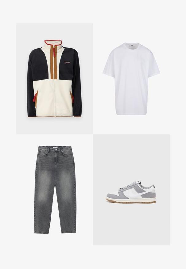 Flis jakna z visokim ovratnikom, zadrgo in barvno blokadno zasnovo z mornarsko modrimi, kremnimi in rjavimi deli. Rdeči detajli z zadrgo.; Bela bombažna majica s kratkimi rokavi, okroglim izrezom, sproščenim krojem in brez vidnih logotipov ali vzorcev. Gladka tekstura in minimalen dizajn.; Visoko pasovi, široke kavbojke iz obledelog črnega denima. Imajo pet žepov, zanke za pas in čisto, ravno obliko nog. ; Sive in bele teniske s suknim in usnjem zgornjim delom, zaobljenim nosom, ravnimi vezalkami in gumijastim podplatom z dodatkom gumijaste barve.