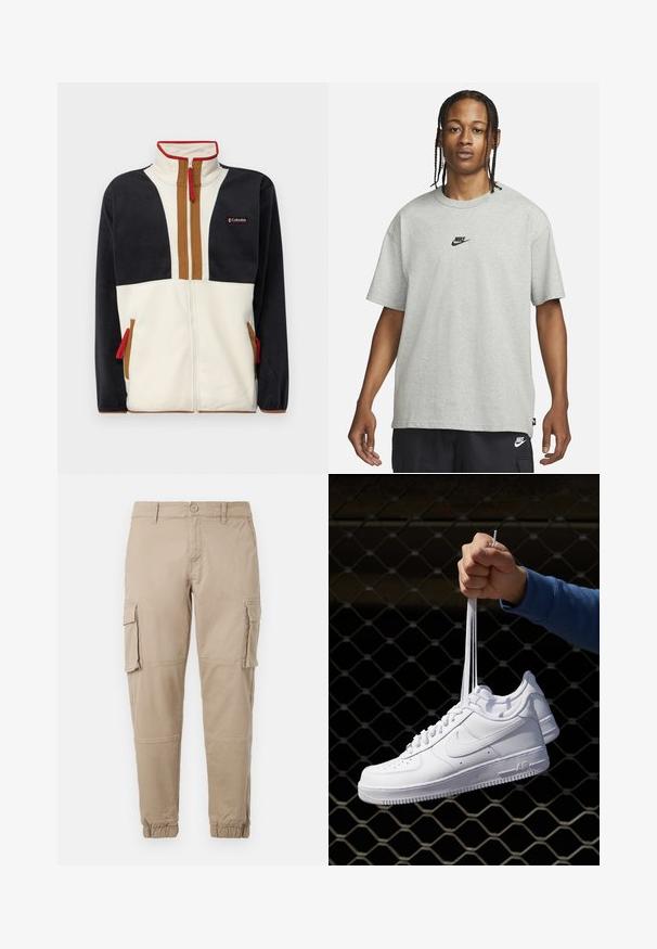 Jachetă din fleece cu guler înalt, închidere cu fermoar și design color-block cu secțiuni bleumarin, crem și maron. Accente roșii pe fermoar.; Tânăr cu părul împletit, îmbrăcat cu un tricou Nike gri deschis și pantaloni scurți Nike negri, pe un fundal alb simplu.; Pantaloni cargo bej dintr-un material din bumbac ușor. Au manșete elastice, mai multe buzunare laterale și închidere cu buton.; Adidași albaștri din piele cu perforații, vârf rotund, talpă plată și șireturi groase, cu un logo swoosh vizibil și cu inscripția "AIR" pe toc.