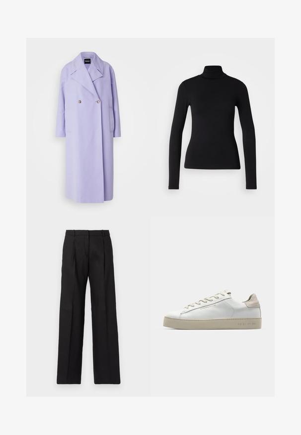 Lazdu krāsas divrindas mētelis ar iemērcamu apkakli, divām priekšējām kabatām un zelta pogu akcentiem. Izgatavots no gludas, vieglas auduma.; Melnā augstā apkakle kreklā, izgatavots no elastīga auduma. Iezīmē garas piedurknes, pieguļošu dizainu un gludu tekstūru bez rakstiem vai rotājumiem.; Melnas piegriezuma bikses ar taisnām kājām, ar izteiktām krokām un gludu tekstūru. Izgatavotas no viegla auduma.; Baltas ādas sporta apavi ar gludu virsmu, bēšas zamša akcenti, apaļa pirksta forma, plakans šņorēšanas dizains un tekstūrota gumijas zole.