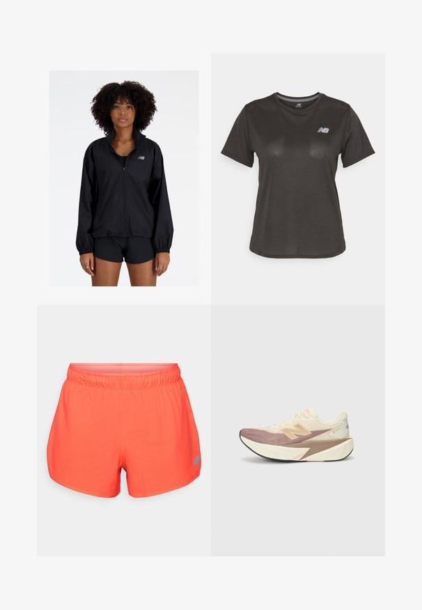 Jachetă ușoară neagră, cu fermoar frontal, guler înalt, manșete elastice și tiv strâns. Are un mic logo reflectorizant pe piept.; Tricou sportiv negru cu mâneci scurte, fabricat dintr-un material ușor. Prezintă un model texturat subtil și un mic logo alb pe piept.; Șorturi de alergare pentru bărbați, de culoare corai strălucitor, fabricate dintr-un material respirabil cu textură perforată. Conțin un tiv elastic și un accent cu logo albastru.; Încălțăminte de alergare cu un superior crem, accente roz și detalii gri. Dispune de o talpă groasă cu o suprafață texturată și un logo proeminent.