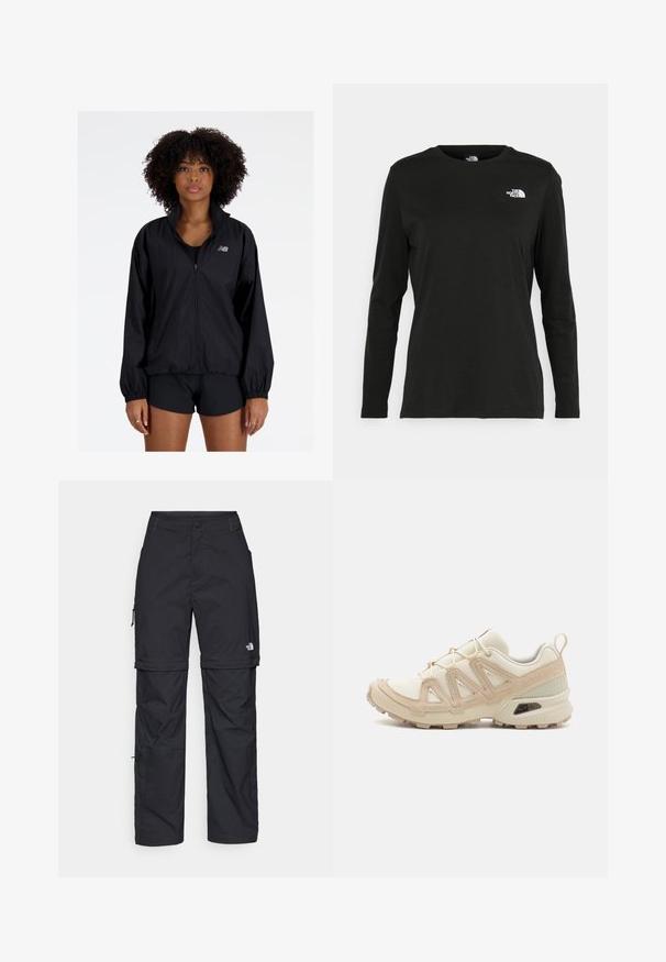 Black lightweight jacket with a zip front, high collar, elastic cuffs, and gathered hem. Features a small reflective logo on the chest.; Black long-sleeve t-shirt made of cotton with a round neck. Features a small white logo on the left chest area. Simple design and fit.; Black nylon zip-off cargo trousers with adjustable cuffs, multiple pockets, and a logo on the right leg. Smooth, lightweight texture.; Beige and cream athletic shoe with textured mesh upper, supportive overlays, and rubber outsole featuring a tread pattern for traction.