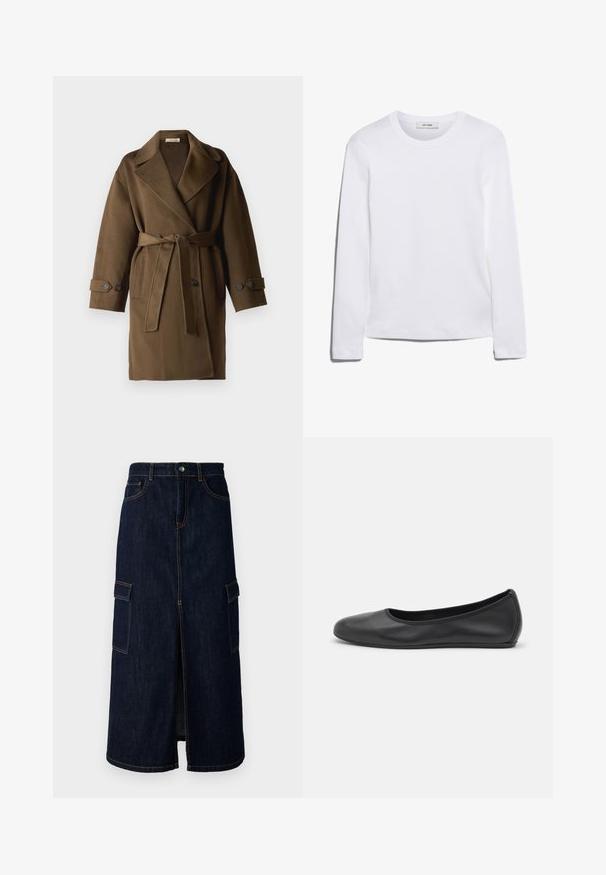 Vanessa Bruno CECIL - Klassischer Mantel - militaire; Langärmliges weißes T-Shirt aus geripptem Baumwollstoff, mit rundem Ausschnitt und geradem Saum. Einfaches Design ohne Muster oder Akzente.; Dunkelblaßer Denim-Midirock mit einem vorderen Schlitz, zwei großen Seitentaschen, kupferfarbenen Nähten und einem Taillenbund mit Knopfverschluss.; Schwarze Leder-Ballettschuhe mit abgerundeter Spitze, glatter Textur, minimalen Nähdetails und einem flexiblen Sohlen-Design.