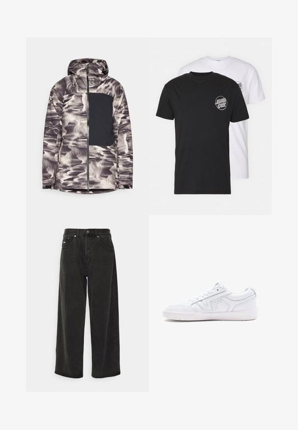 Kapuzenshirt mit einem schwarz-grauen, abstrakten Wasserdesign. Merkmale ein einfarbig schwarzes Brustpanel und einen durchgehenden Reißverschluss.; Zwei-T-Shirts-Pack: eines schwarz, eines weiß. Beide haben kurze Ärmel und ein kreisförmiges Logo auf der Brust in kontrastierender Farbe. Aus Baumwollmaterial.; Obey Clothing BIGWIG BAGGY - Baggy Jeans - black; Weiße Ledersneaker mit niedrigem Design, runder Spitze, perforierten Details und einer strukturierten Sohle. Schnürsenkel und subtile Nähte sind enthalten.