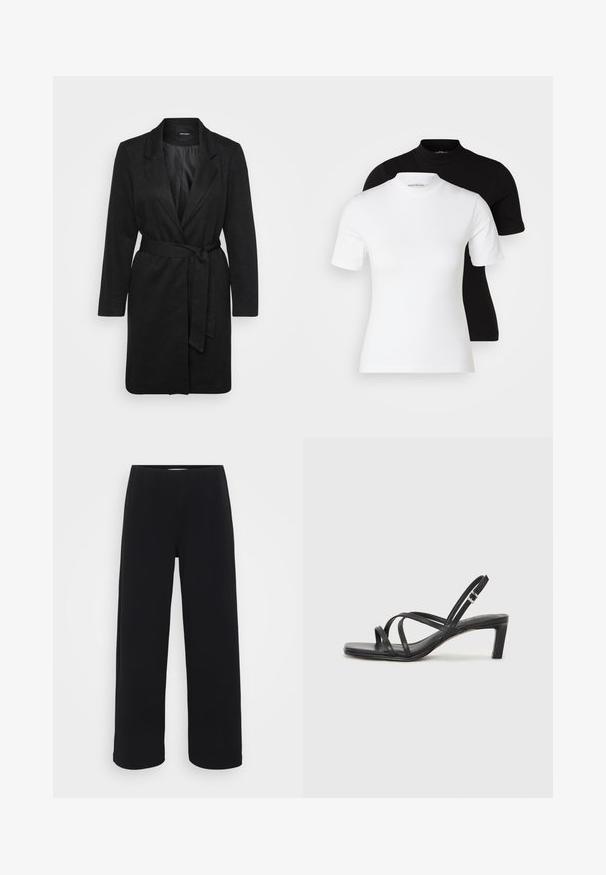 Cămașă neagră cu un design structurat, rever notat, mâneci lungi, un cordon la talie și un finisaj din țesătură texturată.; Even&Odd Petite 2 PACK - Tricou basic - white/black; Pantaloni negri cu picior larg, având un baret elastic. Confecționați dintr-un material texturat, cu un croi lejer și linie dreaptă de la șolduri până la tiv.; Sandal cu barete negre, cu vârf pătrat și toc mic de bloc. Prezintă mai multe barete subțiri și o bareta ajustabilă la gleznă. Fabricat din piele netedă.