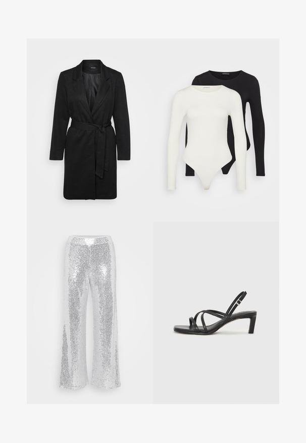 Fekete kabát, amely strukturált kialakítással, klipszes gallérral, hosszú ujjakkal, derékon megkötős övvel és texturált anyagú felülettel rendelkezik.; Két hosszú ujjú bodyn fehér és fekete színben. Simább anyagból készült, kerek nyakkivágással és tanga fazonú alsó résszel a simább viselet érdekében.; Ezüst flitteres, széles szárú nadrág magas derékkal. Az anyag csillog és tükrözi a fényt, sima, fényes textúrával rendelkezik.; Fekete pántos szandál négyzetes orral és alacsony blokk sarkal. Több vékony pánttal és állítható boka pánttal rendelkezik. Sima bőrből készült.