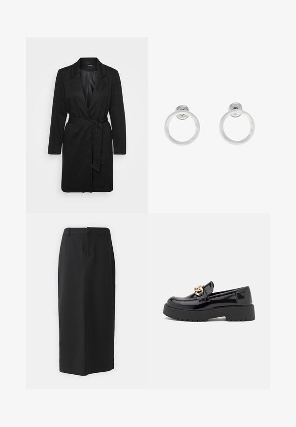 Črn plašč z strukturirano zasnovo, zareznimi reverji, dolgimi rokavi, s pasom za zavezovanje v pasu in teksturiranim zaključkom tkanine.; Even&Odd Petite 2 PACK - Top - light grey/black; Črna svila krila, dolžine do kolen, izdelana iz gladkega blaga. Ima razporek na hrbtu in stranske žepke, enostaven dizajn in nevtralno barvo.; Črni lakirani usnjeni loafers s debelim črnim podplatom in zlato kovinsko opremo. Gladka tekstura in zasnova zaokroženega nosu.; Srebrni kovinski obročasti uhani z brušenjem, s krožno obliko in prozornim zatičem za varno nošenje.