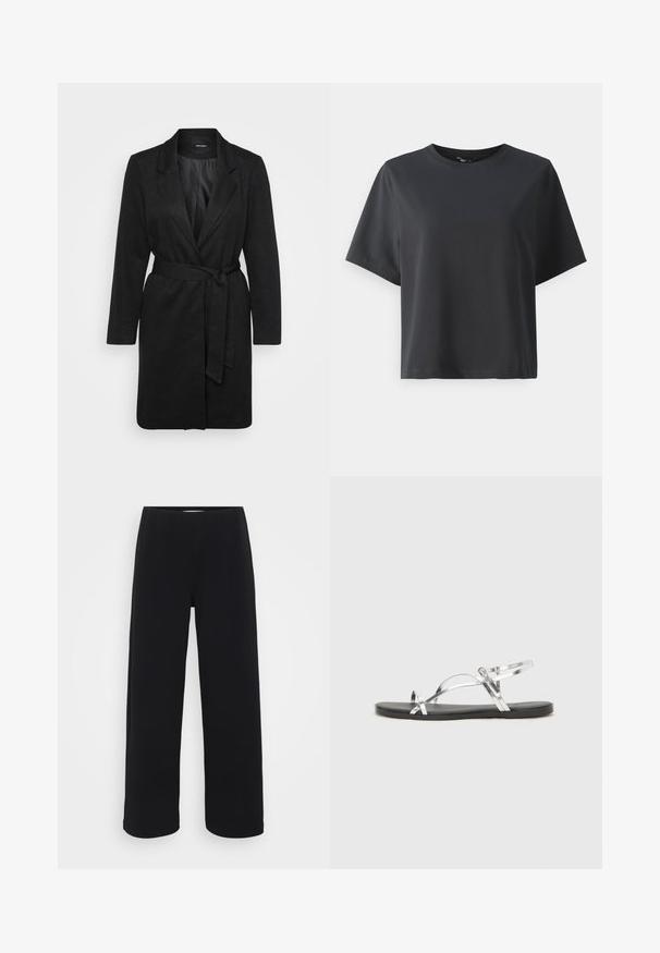 Fekete kabát, amely strukturált kialakítással, klipszes gallérral, hosszú ujjakkal, derékon megkötős övvel és texturált anyagú felülettel rendelkezik.; Fekete pamut póló, rövid ujjú, kerek nyakkivágású, laza szabású, sima textúrájú, egyszerű design, minta vagy kiegészítők nélkül.; Fekete, bő szárú nadrág, elasztikus derékkal. Texturált anyagból készült, laza szabású, egyenesen vágva a csípőtől a szegélyig.; Ezüst fémes szandálok minimális kialakítással, vékony pántokkal és fekete lapos talppal. Kiemeli a keresztpántos díszítést.