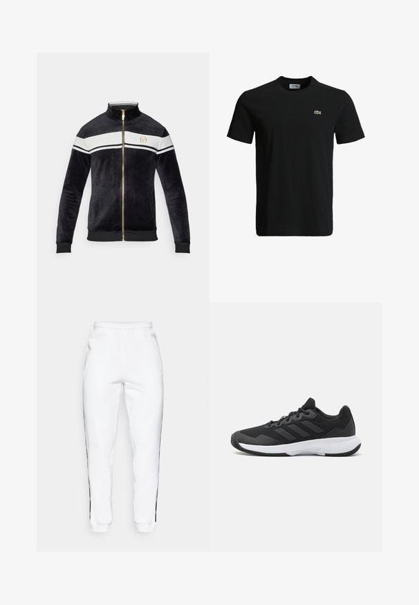 Musta samettinen vetoketjullinen takki korkealla kauluksella, valkoiset raidat rinnassa, kultaiset yksityiskohdat ja logotalli. Ribatut hihansuut ja helma.; Musta puuvillapaita, jossa on pyöreä kaula-aukko, lyhyet hihat ja pieni vihreä krokotiililogo vasemmassa rinnassa. Sileä kuitu, rento muotoilu.; Valkoiset collegehousut, joissa on joustava vyötärö ja mustat sivuraidat sekä hihansuut. Ne ovat valmistettu pehmeästä kankaasta, jolla on sileä pinta.; Musta urheilukenkä, jossa on teksturoidut päälliset, kolme vaakasuoraa raitaa ja valkoinen pohja, jossa on kuvioitu kulutuspinta. Kevyt ja virtaviivainen muotoilu.