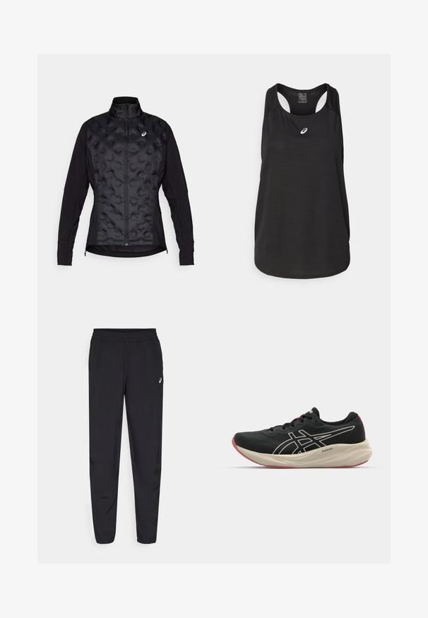 Svart jacka med en puffig, texturerad framsida och släta ärmar. Har en hög krage och dragkedja, designad för värme och flexibilitet.; Svart träningslinne i lätt material. Har rund halsringning, racerback-design och en liten vit logotyp på framsidan.; Svarta sportbyxor med elastisk midja, smalnande ben med manschetter, tillverkade av ett lätt och slätt material, och en liten logotyp på låret.; Svart löparsko med övre i mesh och vita detaljer. Har en dämpad mellansula och röd detalj på yttersulan. Lättviktig design.