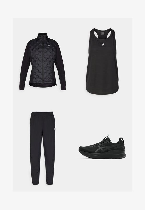 Črna jakna z nabranim, teksturiranim sprednjim delom in gladkimi rokavi. Ima visok ovratnik in zadrgo, zasnovana za toploto in fleksibilnost.; Črn atletski top brez rokavov, izdelan iz lahkega materiala. Ima okroglo ovratnico, obliko racerback in majhen beli logotip na sprednji strani.; Črne športne hlače z elastičnim pasom, zoženimi nogavicami z manšetami, izdelane iz lahkotnega, gladkega materiala, z majhnim logotipom na stegnu.; Črne športne čevlje z zračnim zgornjim delom, teksturirano tkanino, debelim podplatom in subtilnimi značkami. Vključene so vezalke in zanka za vlečenje.