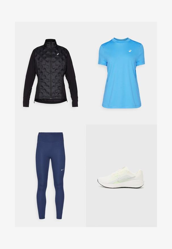 Schwarze Jacke mit einer gepolsterten, strukturierten Vorderseite und glatten Ärmeln. Verfügt über einen hohen Kragen und einen Reißverschluss, der für Wärme und Flexibilität sorgt.; Blaues kurzärmeliges Sportshirt mit Rundhalsausschnitt, glatter Textur und Netzakzenten an den Schultern. Verfügt über ein kleines weißes Logo auf der Brust.; Navy Leggings mit hohem Taillenbund, aus dehnbarem Stoff gefertigt. Sie verfügen über dezente Nähte und ein kleines weißes Nike-Logo am linken Oberschenkel.; Nike Performance DOWNSHIFTER 13 - Laufschuh Straße - sail/silver-coloured photon dust/summit white/barely volt/black