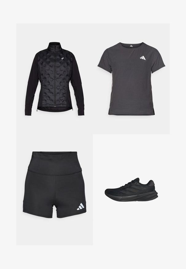 Giacca nera con un frontale imbottito e testurizzato e maniche lisce. Presenta un colletto alto e una chiusura con zip, progettata per calore e flessibilità.; T-shirt atletico a maniche corte, grigio scuro con texture perforata. Presenta un logo bianco e strisce laterali a contrasto. Girocollo.; adidas Performance Leggings - black; Scarpe sportive nere con tomaia in rete, forma aerodinamica, suola piatta e tre strisce diagonali sui lati. Design leggero per il massimo comfort.