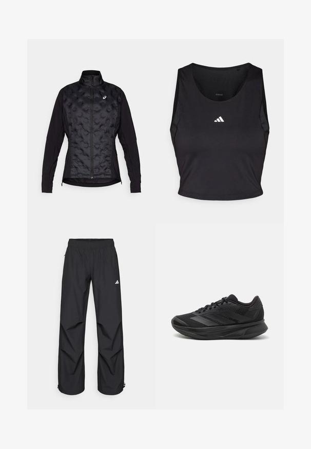 Black jacket with a puffy, textured front and smooth sleeves. Features a high collar and zip closure, designed for warmth and flexibility.; Black sports crop top made from moisture-wicking fabric, featuring a round neck, sleeveless design, and white logo on the chest.; Black, lightweight, waterproof pants with an elastic waistband, side pockets, and adjustable cuffs. Features a white logo on the left thigh.; Black running shoe with a breathable mesh upper, rounded toe, sleek design, textured accents, and a cushioned sole for comfort.