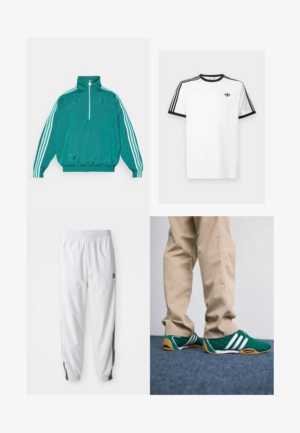 adidas Originals LIVERPOOL FC ICON HALF ZIP JACKET - Echipament cluburi fotbal - sea green; Tricou alb din bumbac cu guler și mâneci ribbate negre, având trei dungi negre pe fiecare umăr și un mic logo pe piept.; Pantaloni atletici albi cu dungi negre pe lateral, talie elastică și manșete; prezintă logo-ul Adidas pe coapsa stângă. Textură a țesăturii netedă.; Tenisi verzi matlasati cu dungi albe si talpi de cauciuc maro, asortati cu pantaloni bej. Designul prezinta un profil scazut si un material texturat.