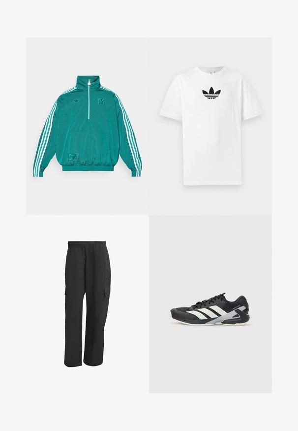 adidas Originals LIVERPOOL FC ICON miętowy; Biała bawełniana koszulka z krótkim rękawem, z czarnym logo Adidas na środku. Klasyczny fason z okrągłym dekoltem. Gładka tekstura.; Czarne spodnie cargo z elastycznym pasem, posiadające boczne kieszenie, luźny krój i teksturowany materiał. Zaprojektowane z myślą o komforcie i funkcjonalności.; Czarne buty sportowe z białymi paskami, siateczkowa cholewka, zaokrąglony czubek i amortyzowana podeszwa. Posiadają teksturowany obcas i pewny system sznurowania.