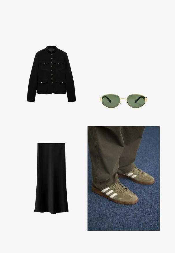 Sort jakke med høj krave, guldknaplukning og to forlommer. Stoffet er glat og designet til en struktureret pasform.; Sort cropped t-shirt lavet af bomuld. Har korte ærmer og rund halsudskæring. Glat tekstur med et enkelt design, ingen ekstra mønstre.; Sort midi-nederdel lavet af glat, letvægtsstof. Den har en lige skæring, ingen synlig hardware og et enkelt design uden mønstre.; Grønne ruskindsneakers med tre hvide striber, brun gummisål og teksturerede snørebånd, parret med olivengrønne bukser på et blåt tæppe.; Solfarvede solbriller med guldmetalramme, grønne linser, oval form, sorte stænger og klare næsepuder. Rent, minimalistisk design.