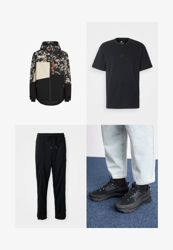 Chaqueta de esquí con una base negra y un patrón de camuflaje en tonos blancos, marrones y rojos; incluye una capucha, cierre de cremallera y puños ajustables.; Camiseta negra de algodón de Nike con un clásico cuello redondo, mangas cortas y un sutil logo en relieve en el pecho. Textura suave.; Pantalones casuales negros con cordón en la cintura, con bolsillos laterales y corte de pierna recta sobre un fondo liso.; Zapatillas deportivas negras con tejido texturizado y suelas de goma, con cordones elásticos y un acento azul en el talón. Combinadas con pantalones de mezclilla claros.