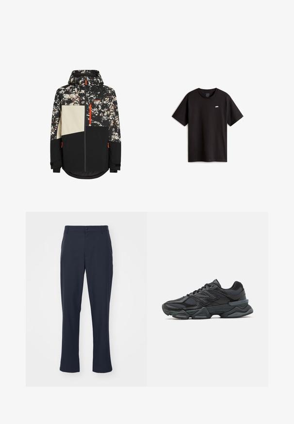 Giacca da sci con base nera e motivo camouflage in bianco, marrone e dettagli rossi; include cappuccio, chiusura con zip e polsini regolabili.; T-shirt nera in cotone con maniche corte e scollo rotondo. Presenta un piccolo logo bianco di skateboard sul petto. Design e taglio semplici.; Pantaloni tagliati blu navy in misto poliestere. Presentano una chiusura con bottone, tasche laterali e un design a gamba dritta.; Scarpa da corsa nera con una combinazione di materiali in rete e sintetici, suola spessa, design curvo e marchio ben visibile sul lato.