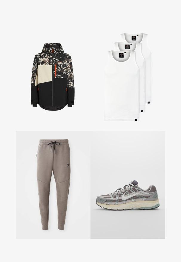 Slidinėjimo striukė su juodu pagrindu ir kamufliažo raštu baltais, ruda ir raudonomis akcentais; turi gobtuvą, užtrauktuką ir reguliuojamus rankogalius.; Trys balti, dryžuoti marškiniai be rankovių, pagaminti iš medvilnės. Yra apvalus kaklas ir maži juodi etiketės netoli siūlės. Siūlomi įvairių dydžių.; Pilkos Nike kelnės su raišteliu liemenyje, siaurėjančiomis kojomis, šoninėmis kišenėmis ir išskirtiniais siūlų detalėmis. Minkšta, tekstūruota medžiaga.; Pilkas sportinis batas su tinklu ir zomšos viršutine dalimi, baltomis detalėmis, paminkštintu padu ir išskirtiniu dizainu su atspindinčiais elementais.