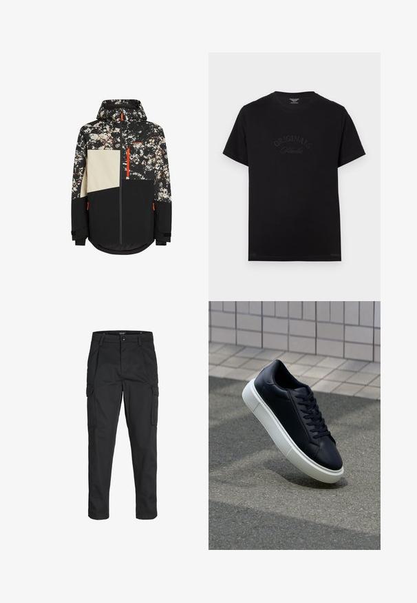 Ski jakke med en sort bund og et camouflage mønster i hvid, brun og røde accenter; inkluderer hætte, lynlås lukning og justerbare manchetter.; Sort bomulds t-shirt med korte ærmer og rund halsudskæring. Har "ORIGINALS Studio" prægede i tonal skrift på forsiden.; Sorte cargo-bukser lavet af slidstærkt stof, der har flere lommer, en knaplukning og et slim fit design med smalle ben.; Sort lædersneaker med rund tå og hvid gummisål. Har flade snørebånd og minimal syning på overdelen. Tekstureret sål for bedre greb.