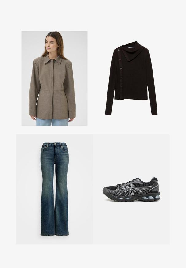 Jachetă maro cu guler, dintr-un material texturat, cu închidere frontală cu nasturi, mâneci lungi și croială ajustată. Design simplu și curat.; Pulover tricotat de culoare maro, cu un design cu guler tip cowl, având închidere laterală cu nasturi și mâneci lungi. Materialul pare moale și texturat.; Jeans din denim albastru evazați cu talie înaltă, având cinci buzunare și accente de cusătură. Țesătura are o textură clasică ușor decolorată.; Pantofii sport negri cu superior din plasă, accente argintii și o talpă căptușită. Prezintă un design cu șireturi și o textuală pentru aderență.